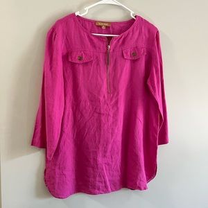Ellen Tracy Hot Pink Blouse partial zip and rolled sleeves gold tassel zipper